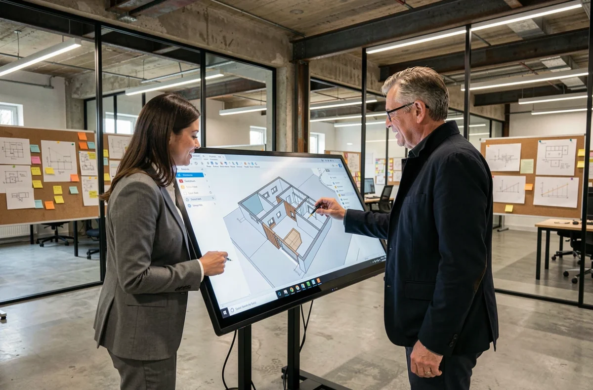Équipe d'architectes de Chabanne à Sainte-Foy-lès-Lyon collaborant sur un modèle BIM sur écran tactile dans un open space professionnel