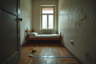 Petite chambre de location mesurée avec un mètre ruban posé sur le parquet pour vérifier la taille minimale réglementaire