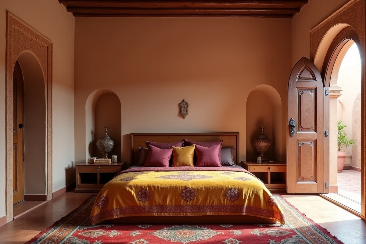 Chambre de riad luxueusement rénovée à Marrakech avec mobilier en cèdre sculpté et décoration artisanale marocaine