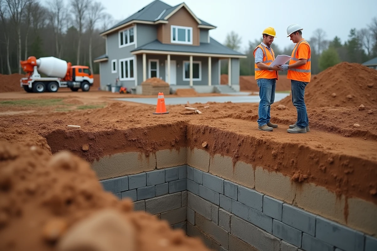 Chantier de construction maison individuelle avec coupe du terrain montrant les couches de sol et les fondations en béton