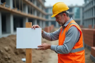 Chef de chantier installant un panneau de permis de construire sur un piquet en bois à l'entrée d'un chantier de construction urbain