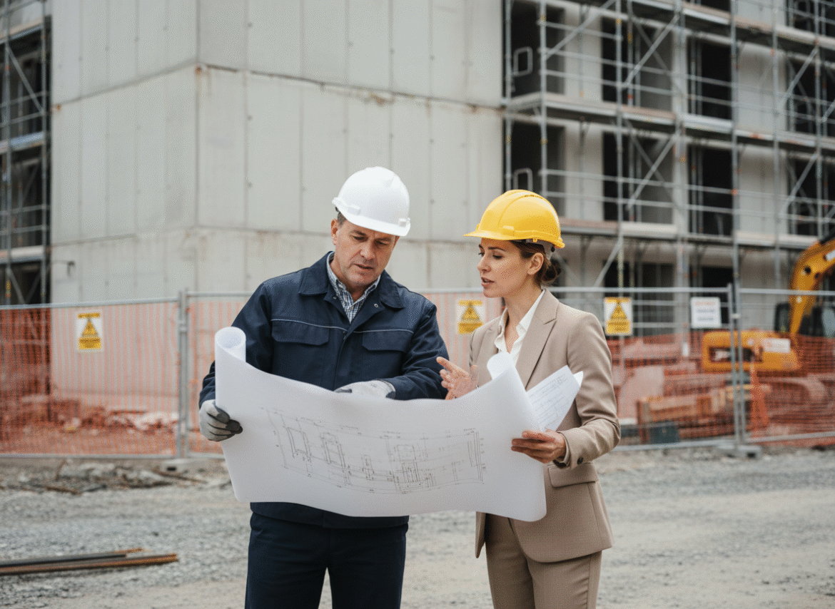 Chef de chantier et architecte examinant des plans de construction