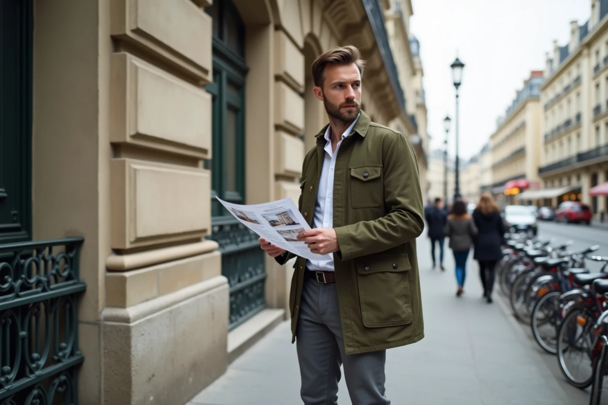 Client immobilier devant immeuble haussmannien Paris 10e avec fiche de visite