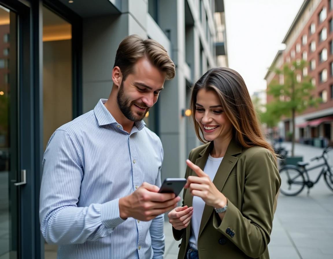 Deux collègues devant un immeuble résidentiel modernes consultant ensemble l'application mobile AL'in pour rechercher un logement salarié