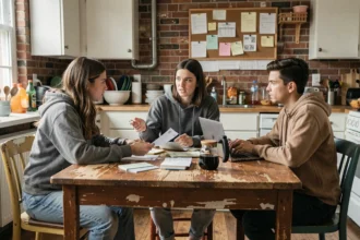 Trois colocataires discutant de la gestion des charges dans une cuisine d'appartement partagé