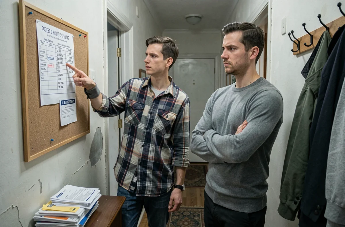Deux colocataires devant un tableau de tâches partagées dans le couloir de leur appartement