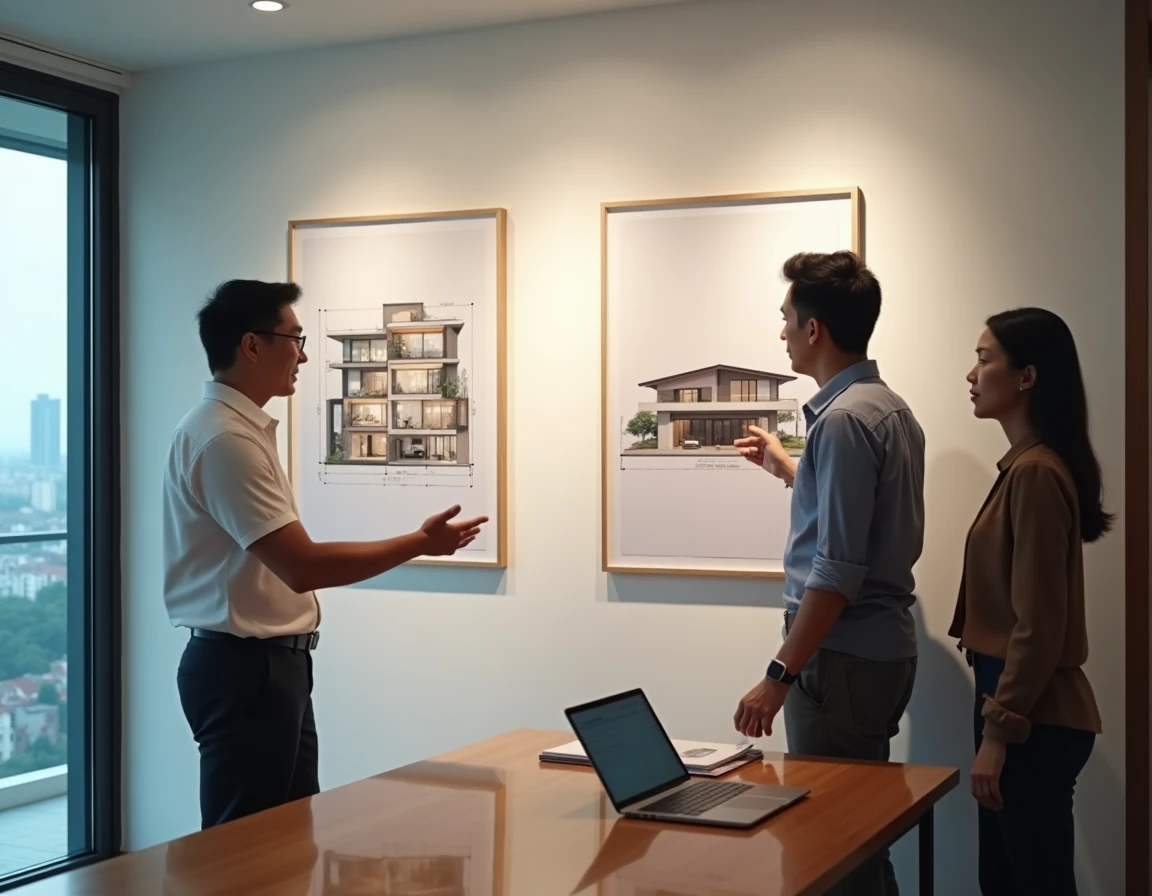Agent immobilier thaïlandais présentant une comparaison entre un condo et une maison à Bangkok à des acheteurs potentiels dans un showroom moderne