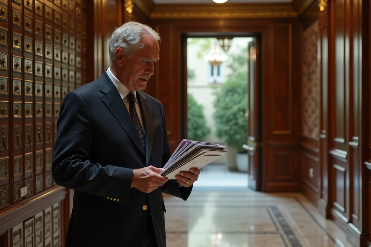 Concierge parisien vérifiant le courrier dans un hall élégant