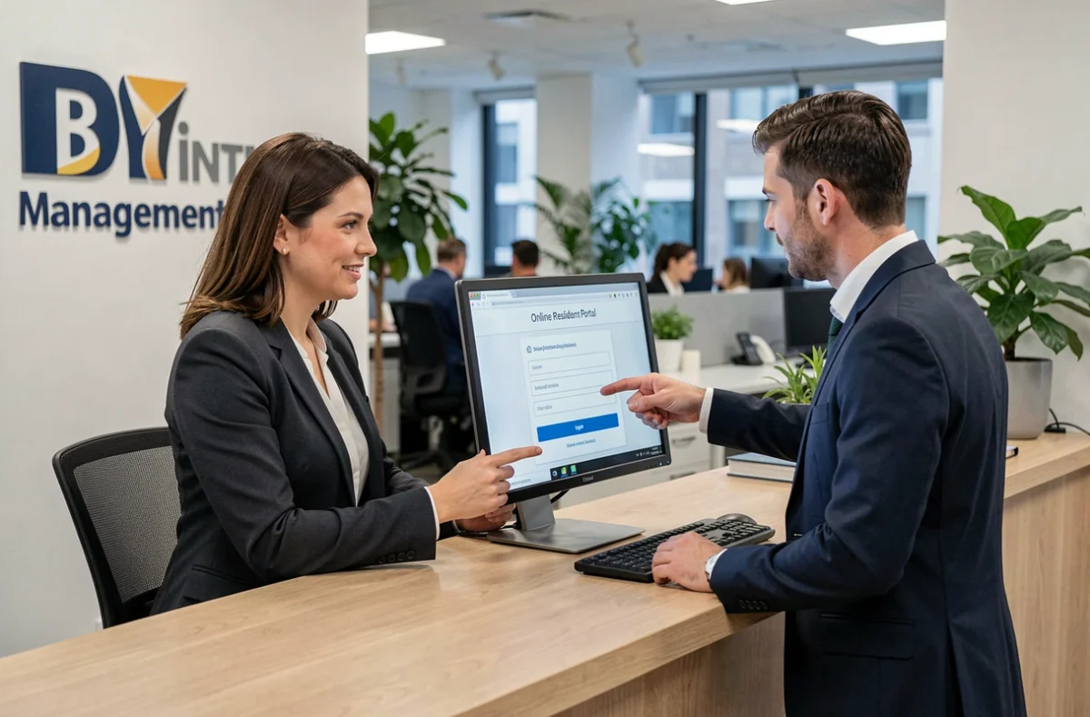 Conseillère Foncia aidant un copropriétaire à accéder à son espace client sécurisé en agence
