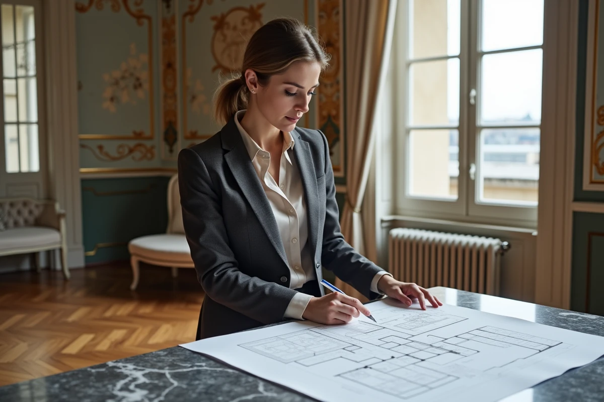 Conseillère immobilière haut de gamme examinant des plans d'appartement dans un appartement Haussmannien de Lyon