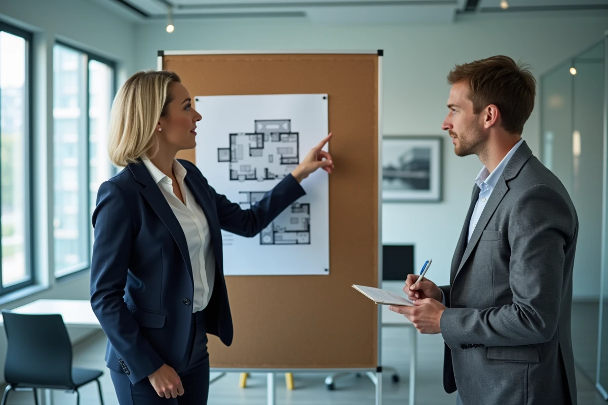 Conseillère immobilière expliquant le dispositif PTZ à un jeune acquéreur dans une agence moderne