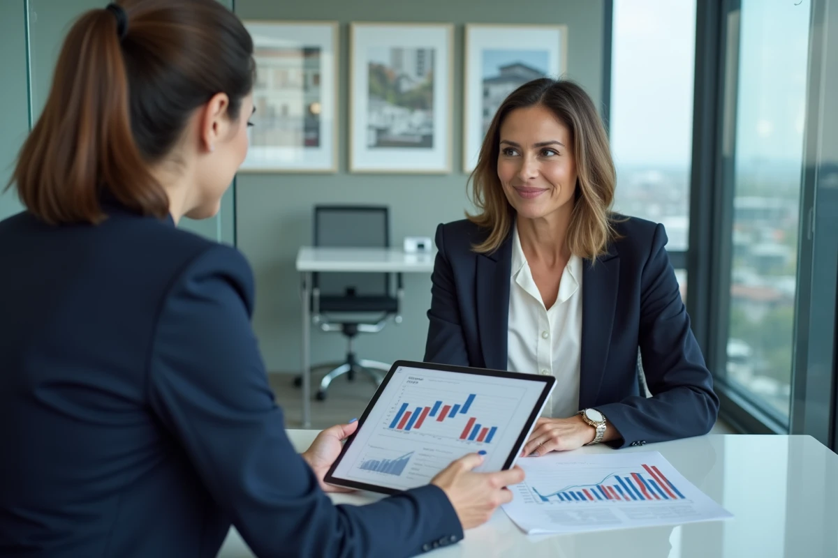 Femme consultant un agent immobilier pour sécuriser un achat locatif avec des outils de simulation