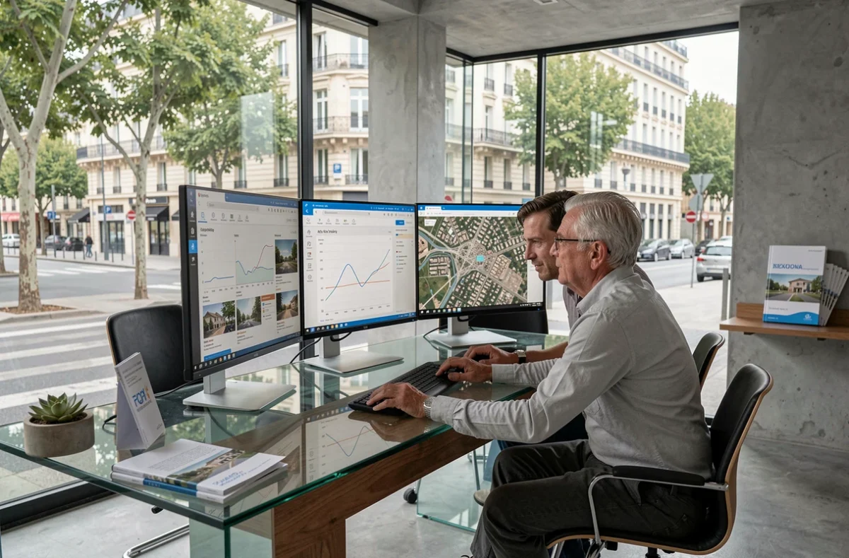 Vendeur et investisseur consultant des données de marché immobilier sur ordinateur dans une agence moderne à Aix-en-Provence