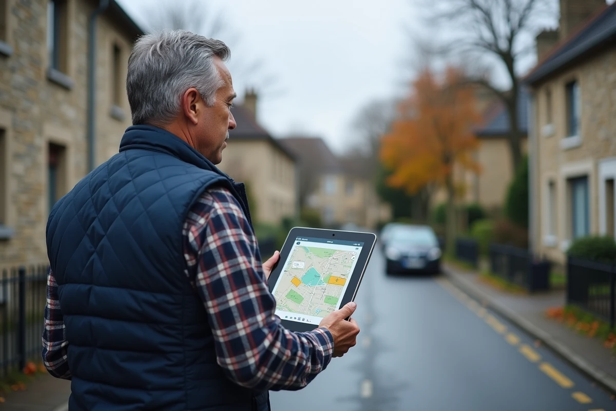 Homme consultant le géoportail de l'urbanisme sur une tablette devant une rue résidentielle française avec des zones colorées visibles