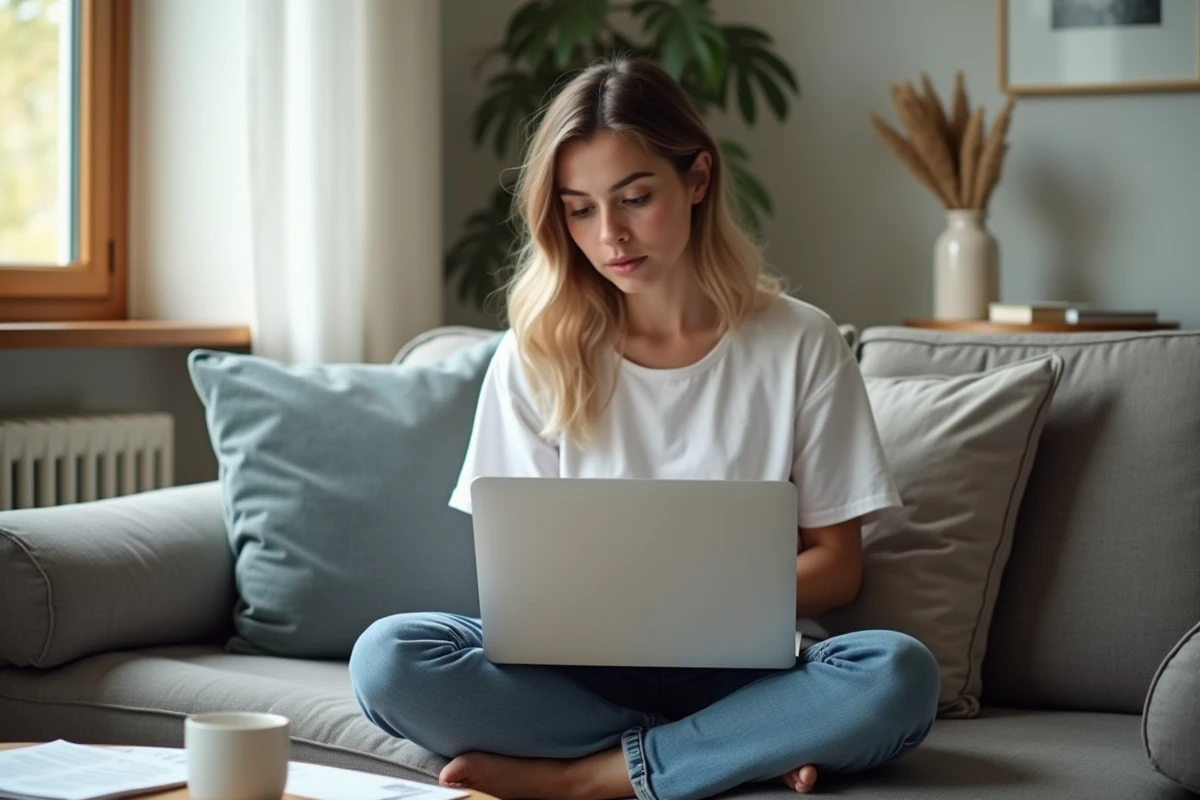Jeune femme consultant un modèle de lettre d'annulation de préavis sur ordinateur portable avec son bail imprimé