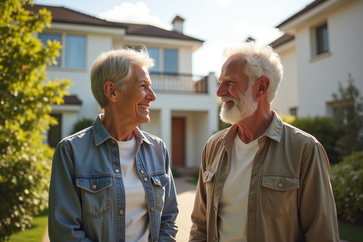 Deux adultes discutent devant une maison ensoleillée