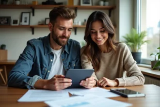 Jeune couple regardant des documents d'achat immobilier