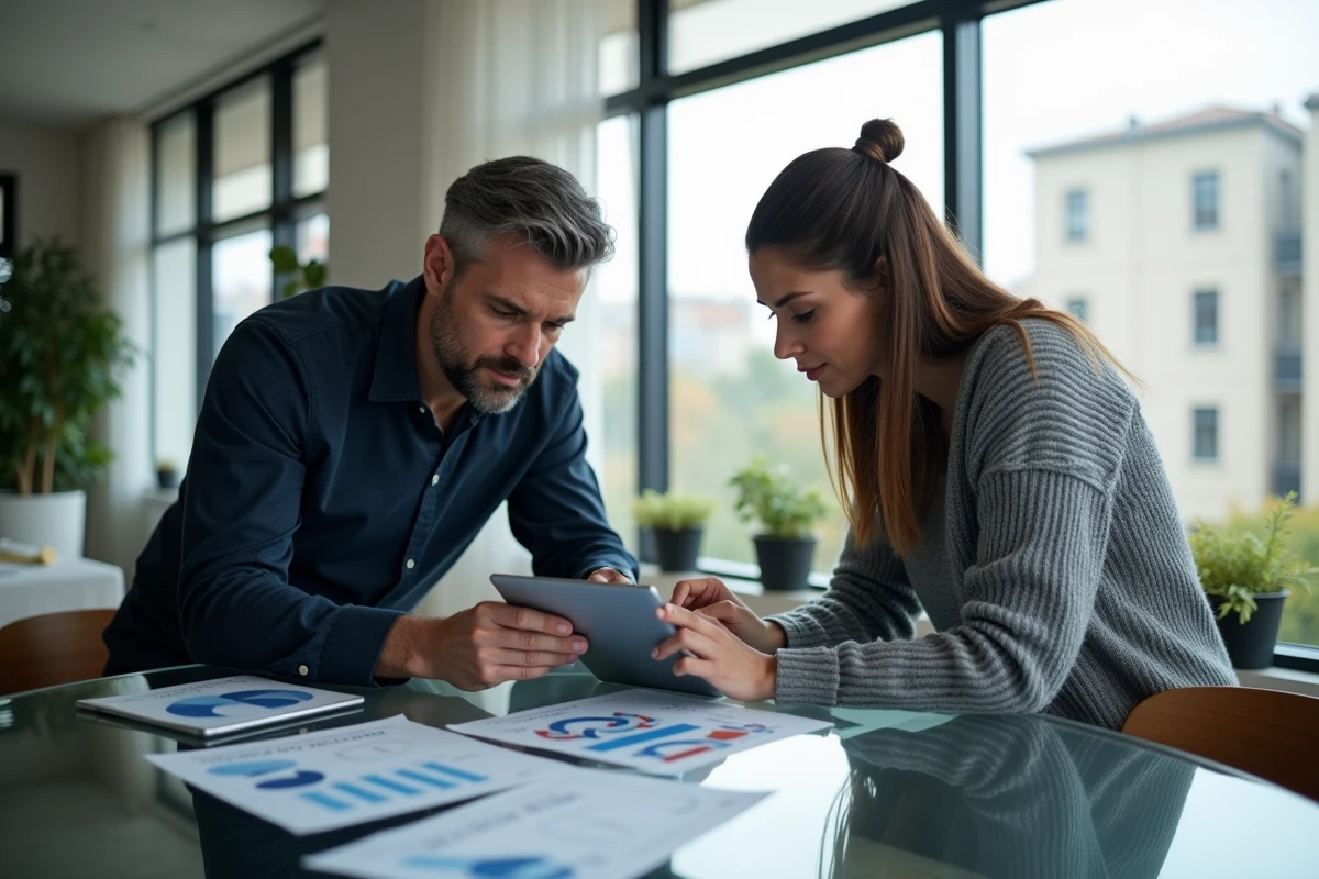 Couple d'acheteurs immobiliers consultant un outil d'évaluation en ligne sur une tablette à domicile