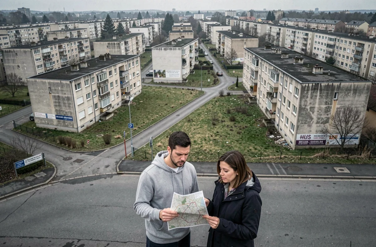 Couple examinant une carte dans un quartier périphérique dense et vieillissant de Besançon