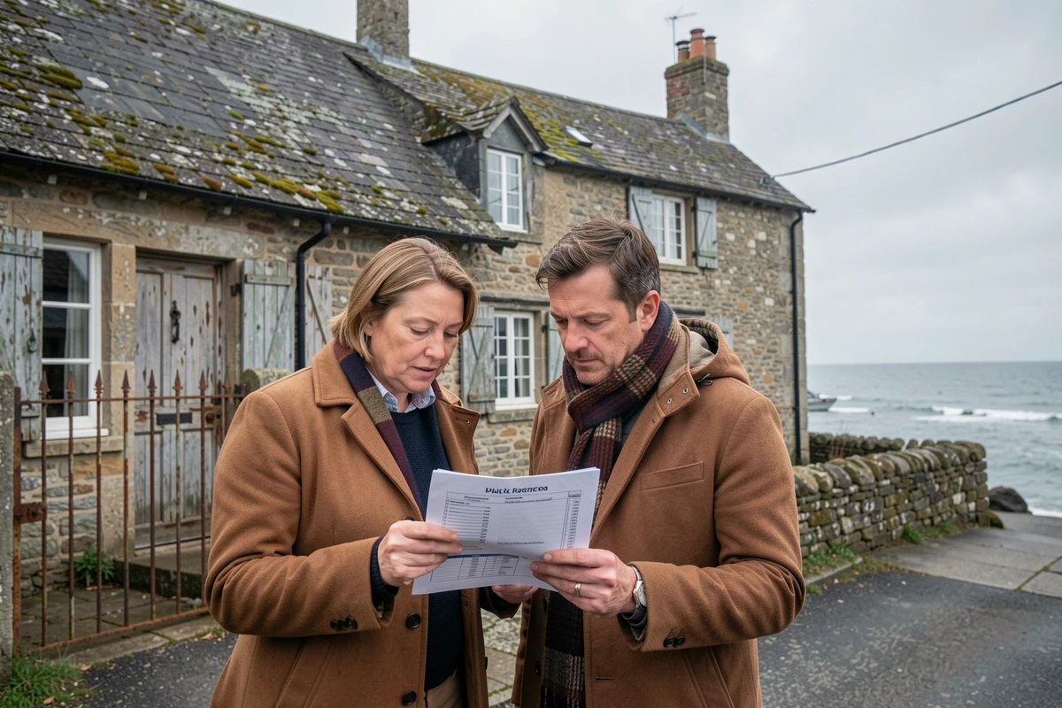 Couple vérifiant une liste de contrôle immobilière devant une maison normande côtière avant une visite
