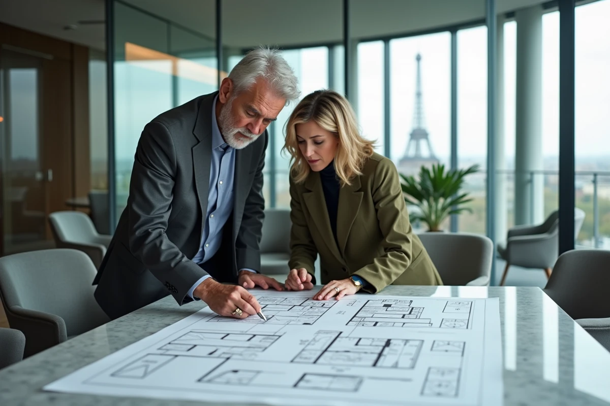 Couple consultant des plans immobiliers de luxe dans une agence moderne avec vue sur Paris
