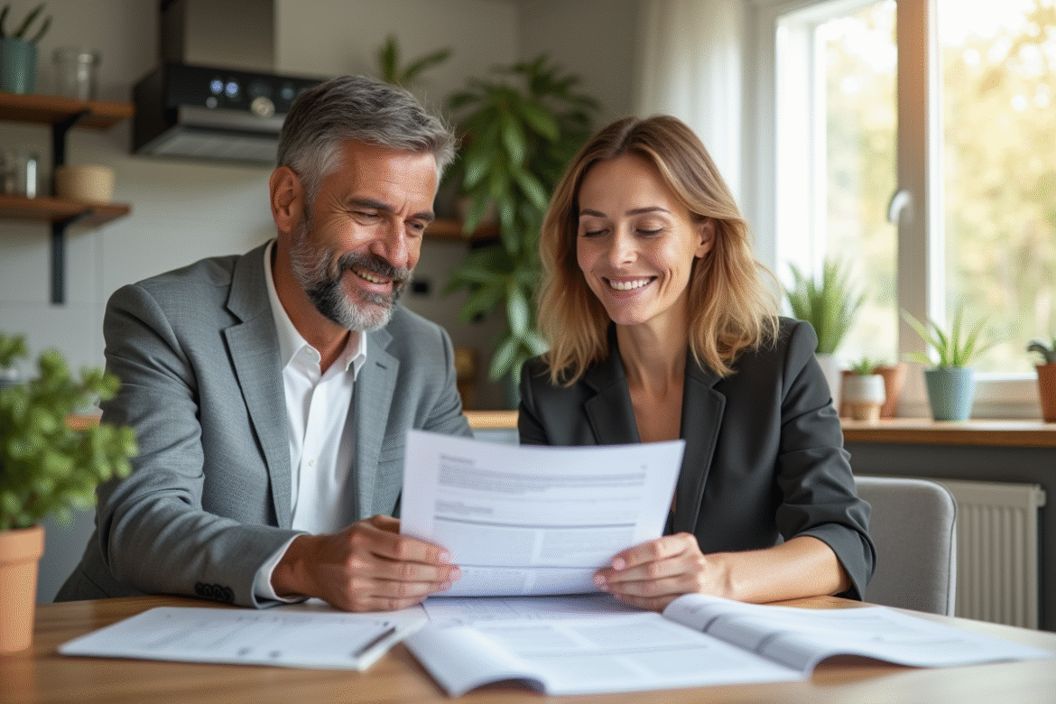 Couple d'adultes examinant des documents de prêt immobilier