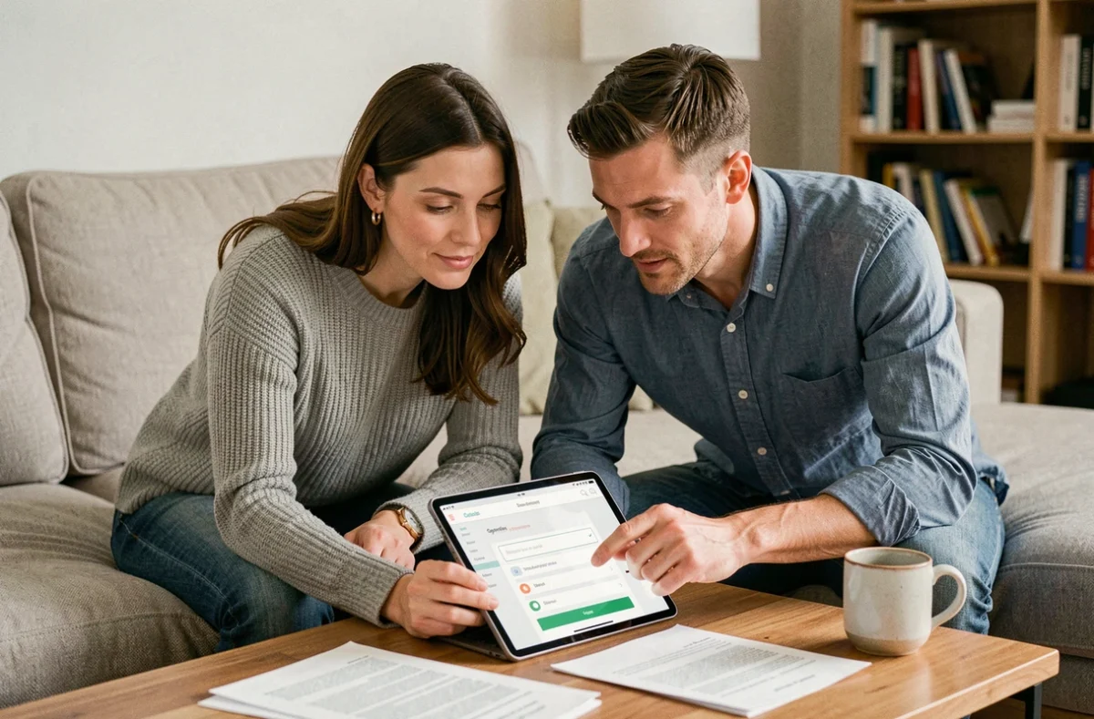 Couple de copropriétaires consultant ensemble les paramètres d'alertes MyFoncia sur tablette dans leur salon