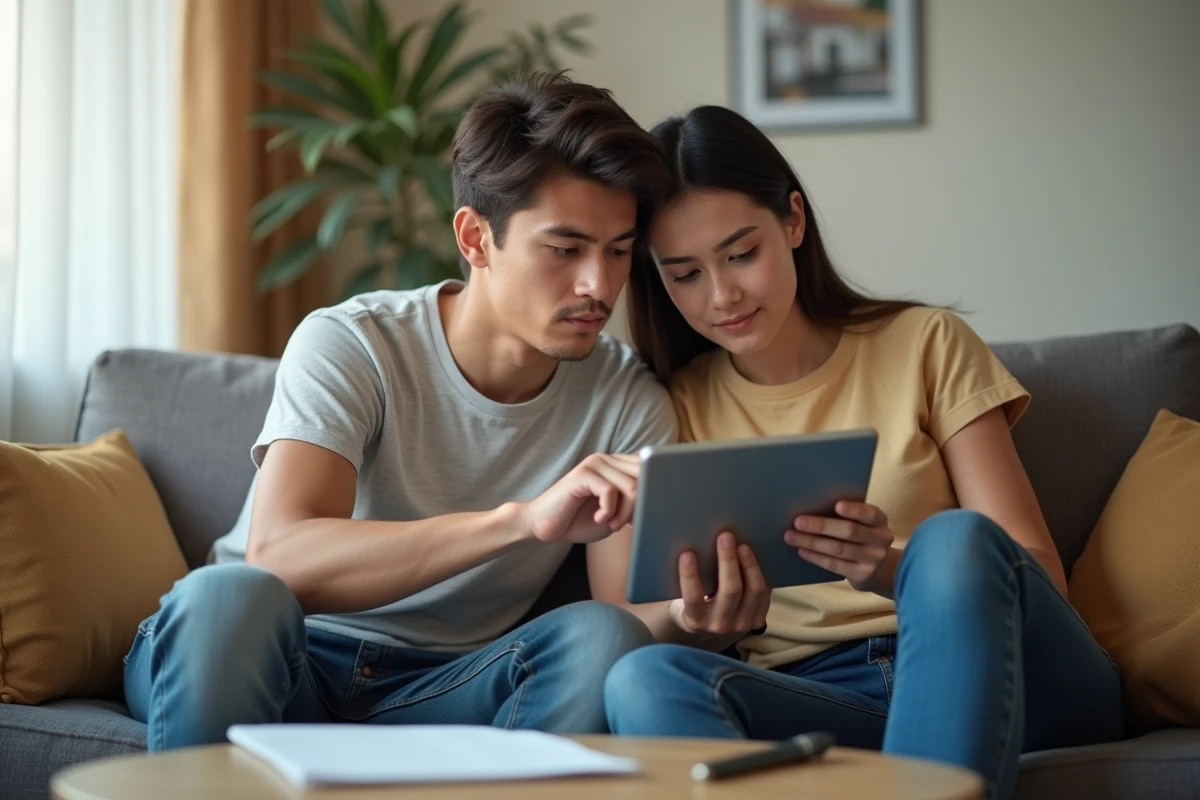 Jeune couple consultant ensemble le site Alin fr sur une tablette pour préparer leur demande de logement