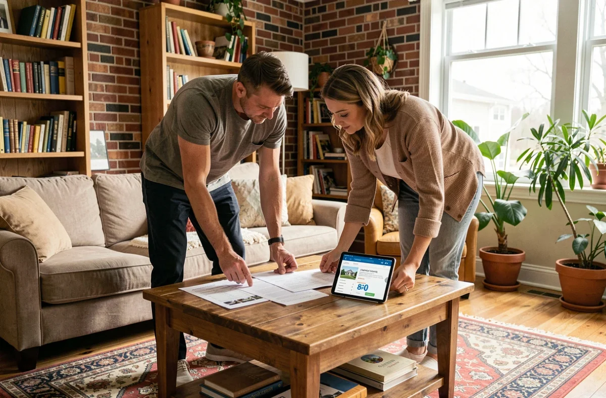 Couple consultant une estimation immobilière en ligne depuis leur salon avant une vente en 2026