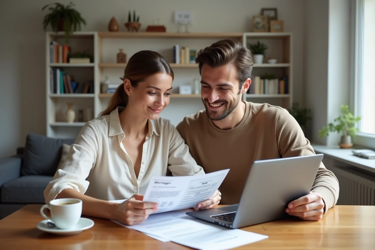 Couple étudiant des documents de prêt immobilier PTZ sur une table en bois dans un appartement moderne