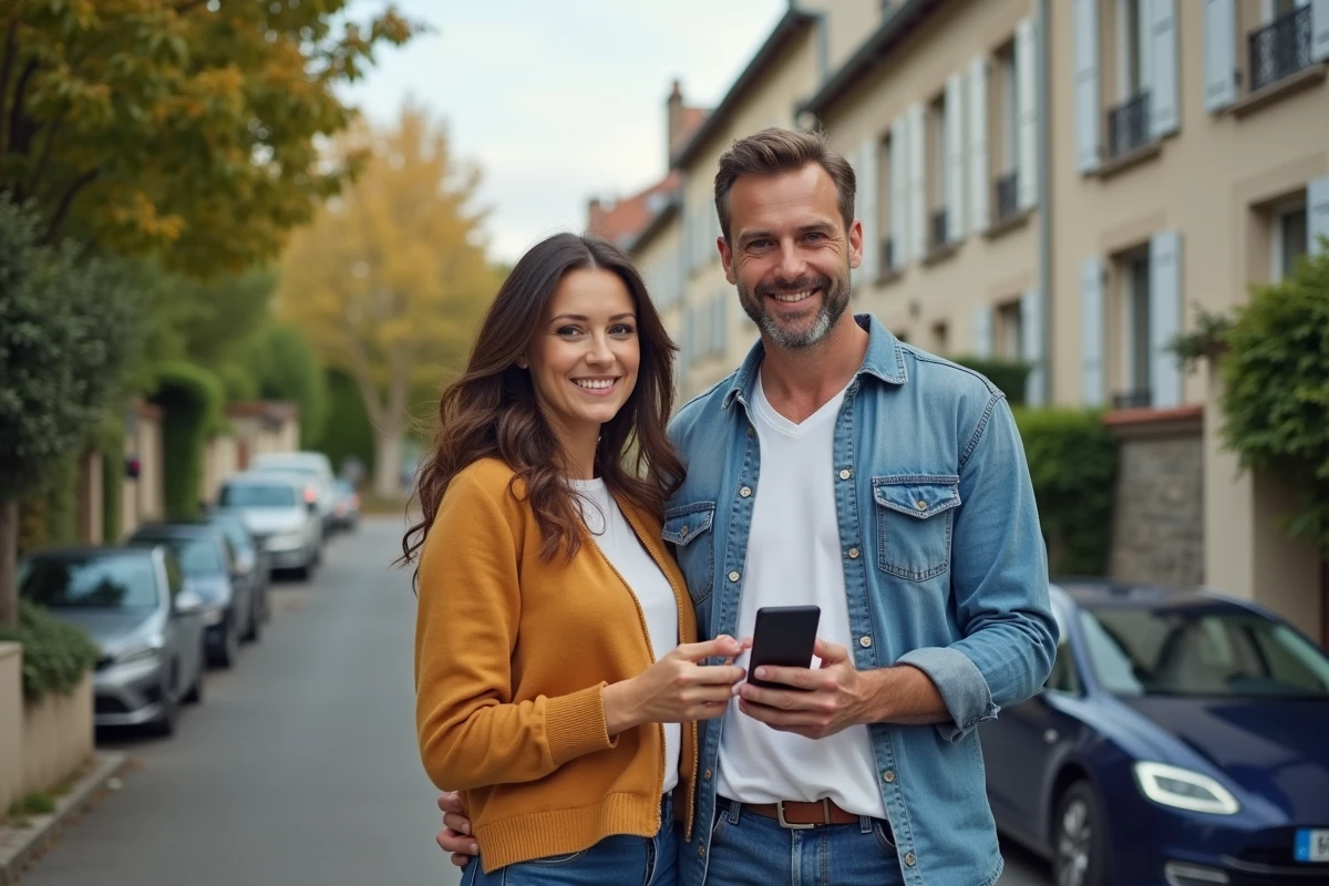 Couple évaluant la rentabilité d'un bien immobilier locatif devant une maison avec un simulateur sur smartphone