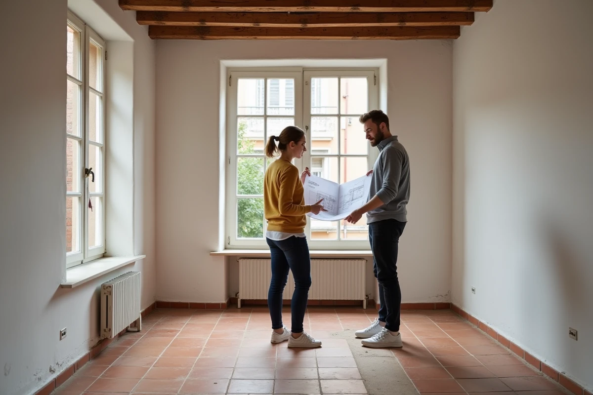 Jeune couple investisseur examinant des plans dans un appartement rénové avec tomettes et poutres apparentes à Toulouse