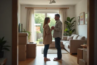 Couple contemplatif dans un salon moderne avec cartons
