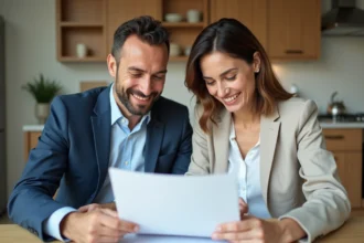 Couple d'adultes en cuisine examinant des documents de prêt immobilier