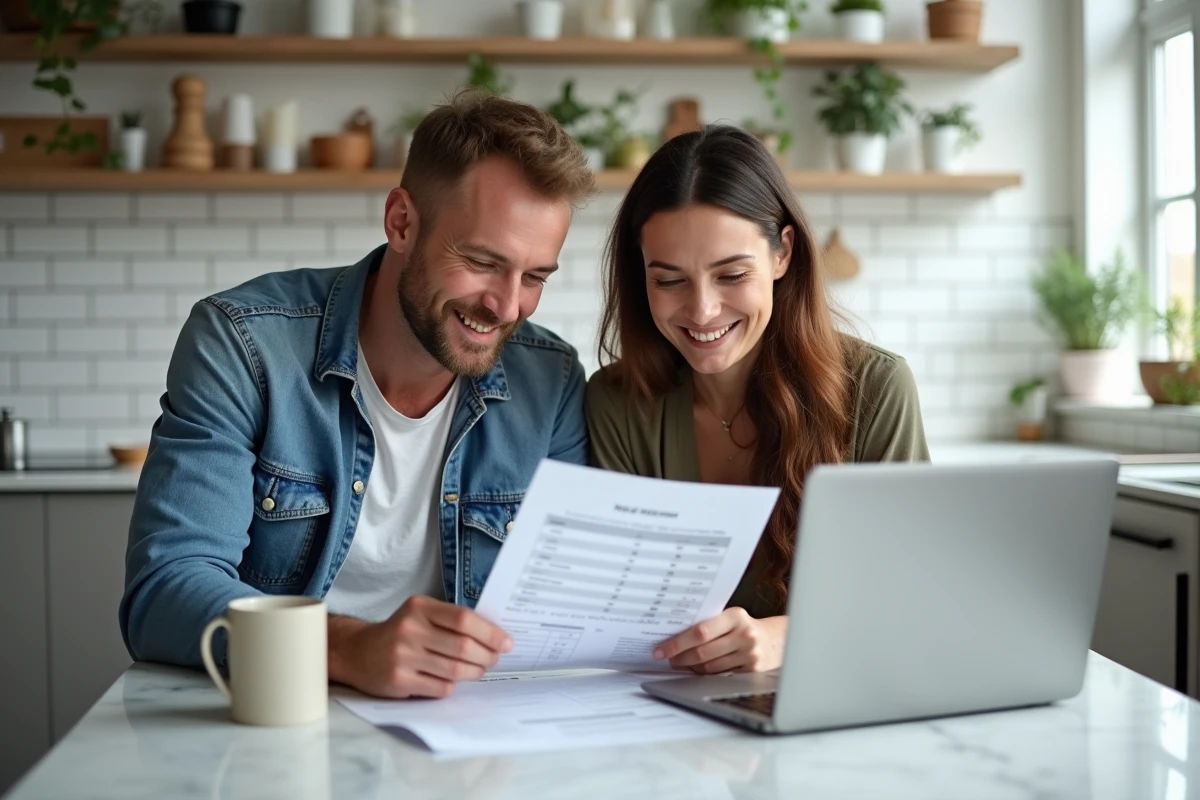 Couple examinant un rapport d'estimation immobilière sur ordinateur et documents imprimés dans une cuisine moderne