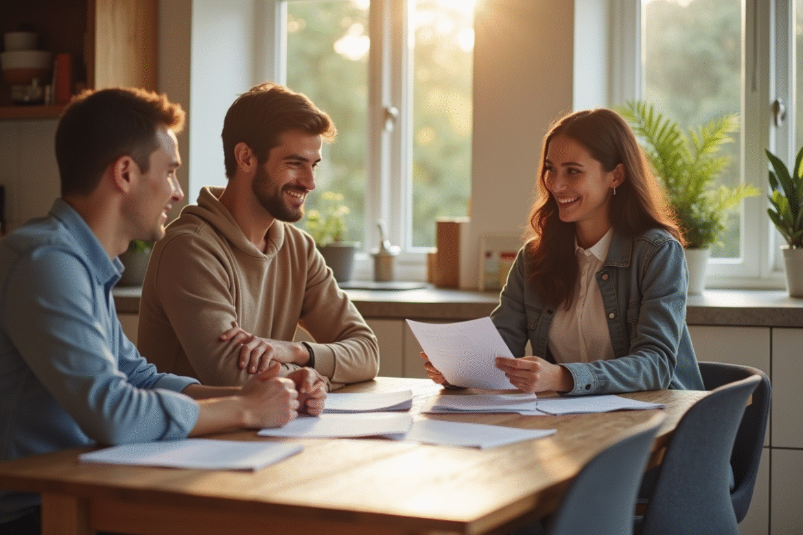 Jeune couple souriant discutant de prêt immobilier à la maison