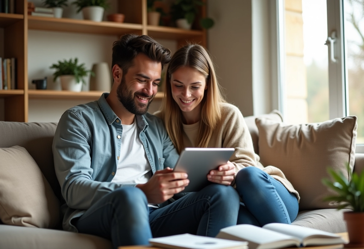 Jeune couple utilisant une tablette pour financer leur maison