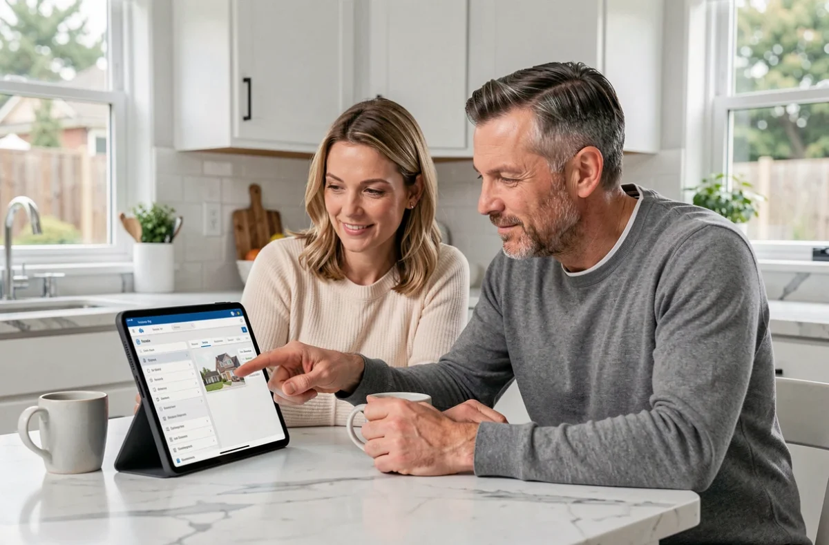 Couple de vendeurs hésitants consultant un logiciel immobilier sur tablette dans leur cuisine pour prendre leur décision de vente