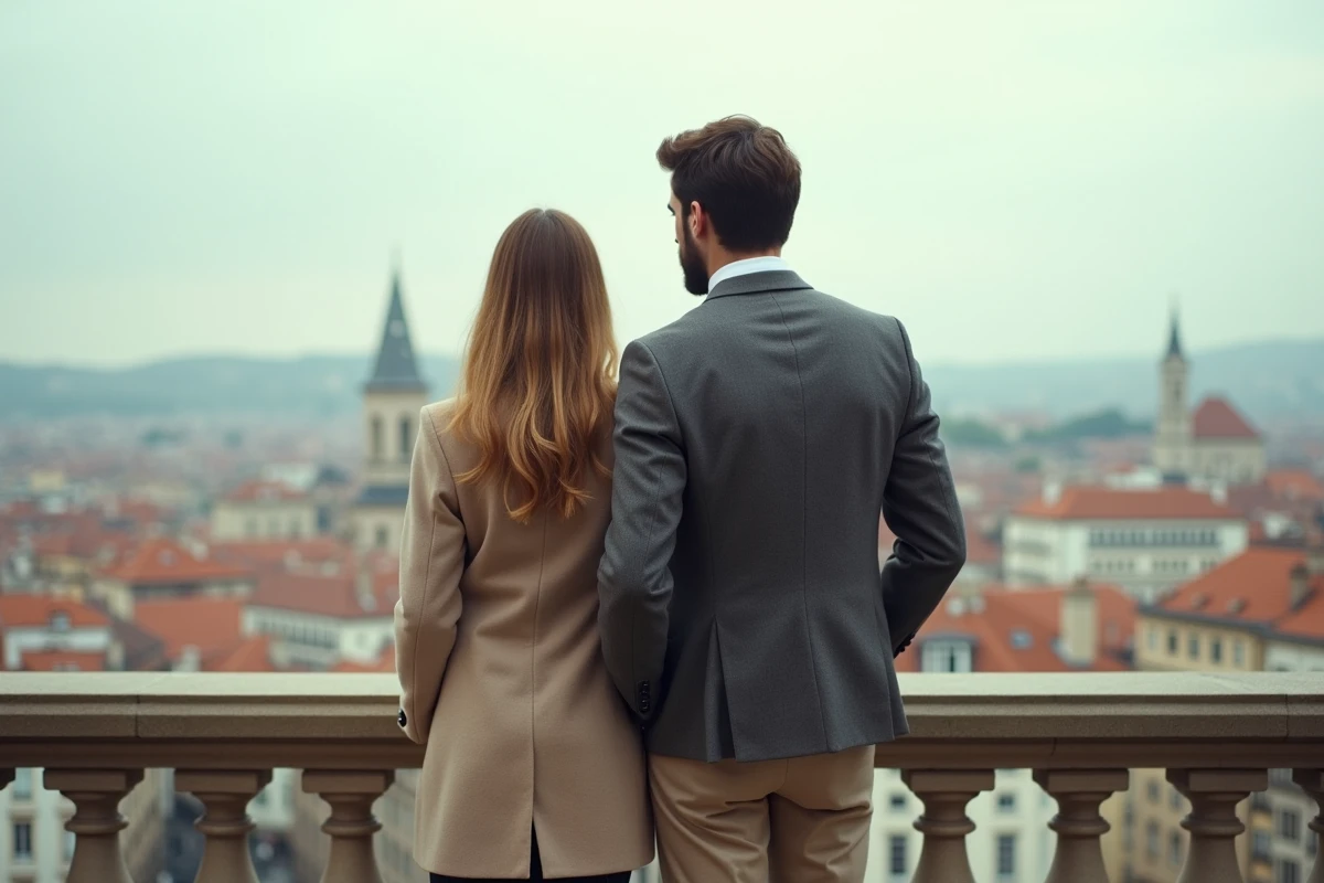 Couple visitant un appartement de standing avec vue sur les toits de Lyon et la basilique de Fourvière