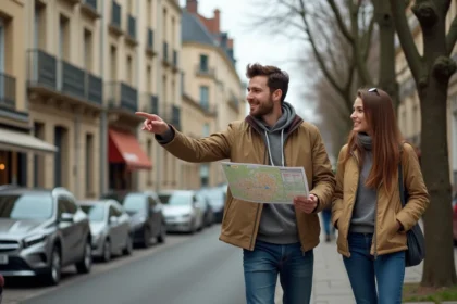 Couple consultant une carte de quartier en déménageant à Conflans-Sainte-Honorine, devant des immeubles résidentiels