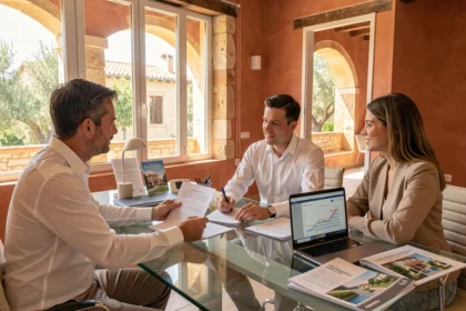 Un courtier en prêt immobilier conseille un couple dans une agence moderne du Gard