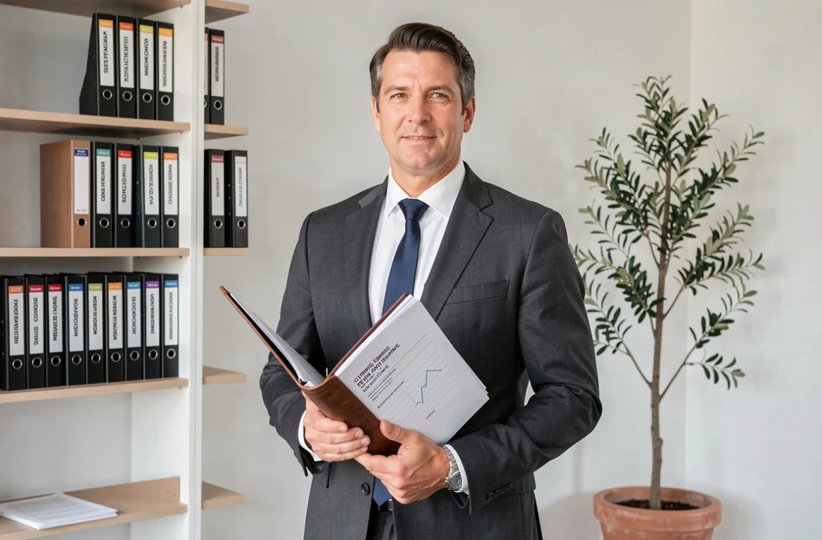 Courtier Courtimmo tenant un dossier de financement immobilier dans une agence professionnelle