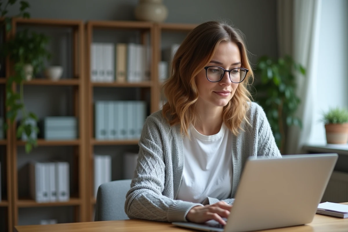 Femme consultant le portail Alin fr sur un ordinateur portable pour faire une demande de logement social