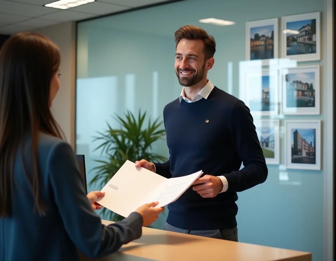 Homme remettant un dossier de location avec lettre de motivation à une agence immobilière