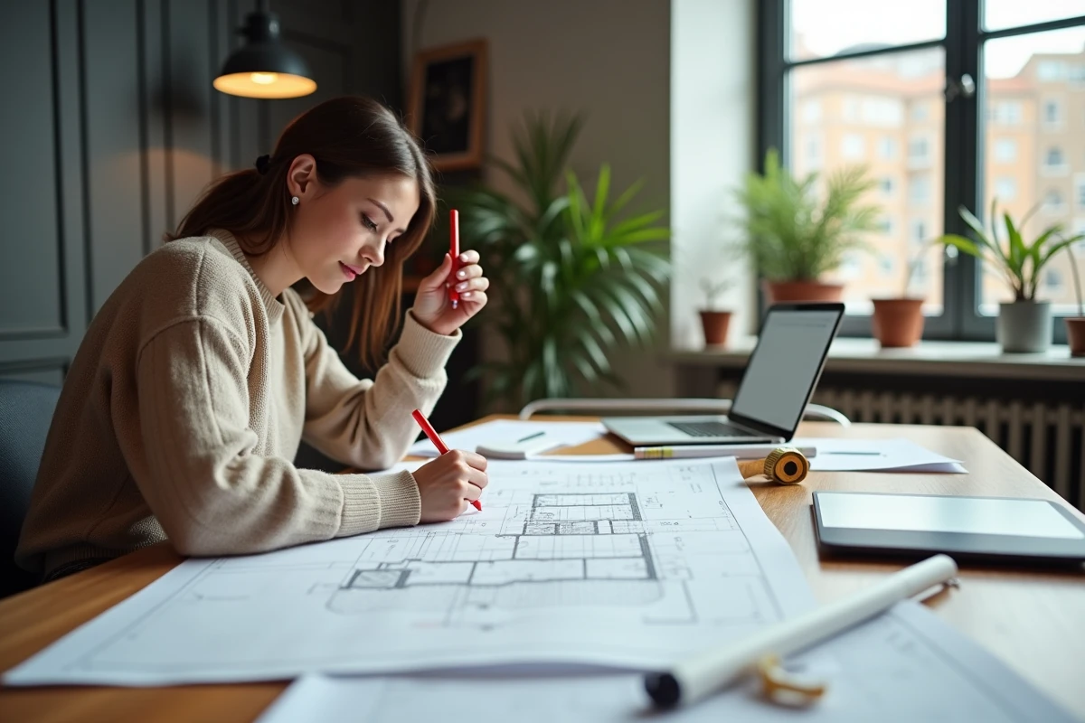 Dessinatrice intérieure travaillant sur un plan de stationnement