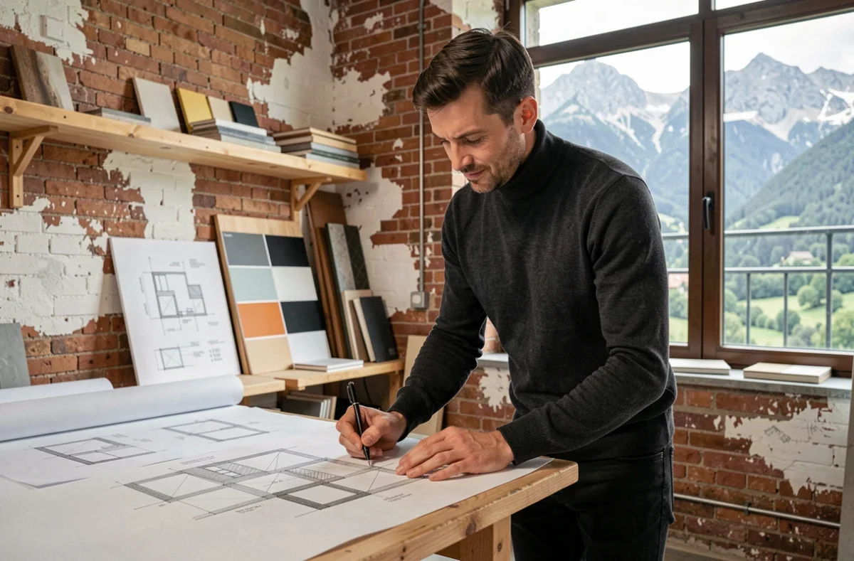 Designer de Di Dia Disegno à Grenoble esquissant des concepts d'aménagement intérieur dans un atelier à briques apparentes
