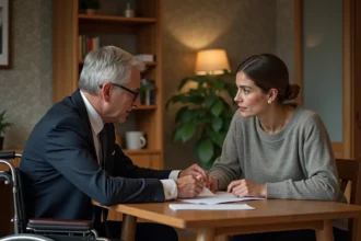 Homme d'affaires et femme en fauteuil discutent à table
