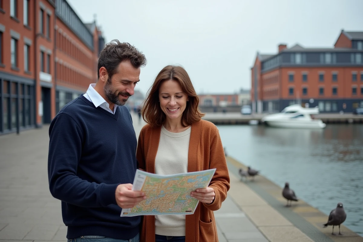 Couple consultant une carte de quartier devant les entrepôts rénovés des Docks Vauban au Havre, zone prisée pour son bon rapport qualité-prix