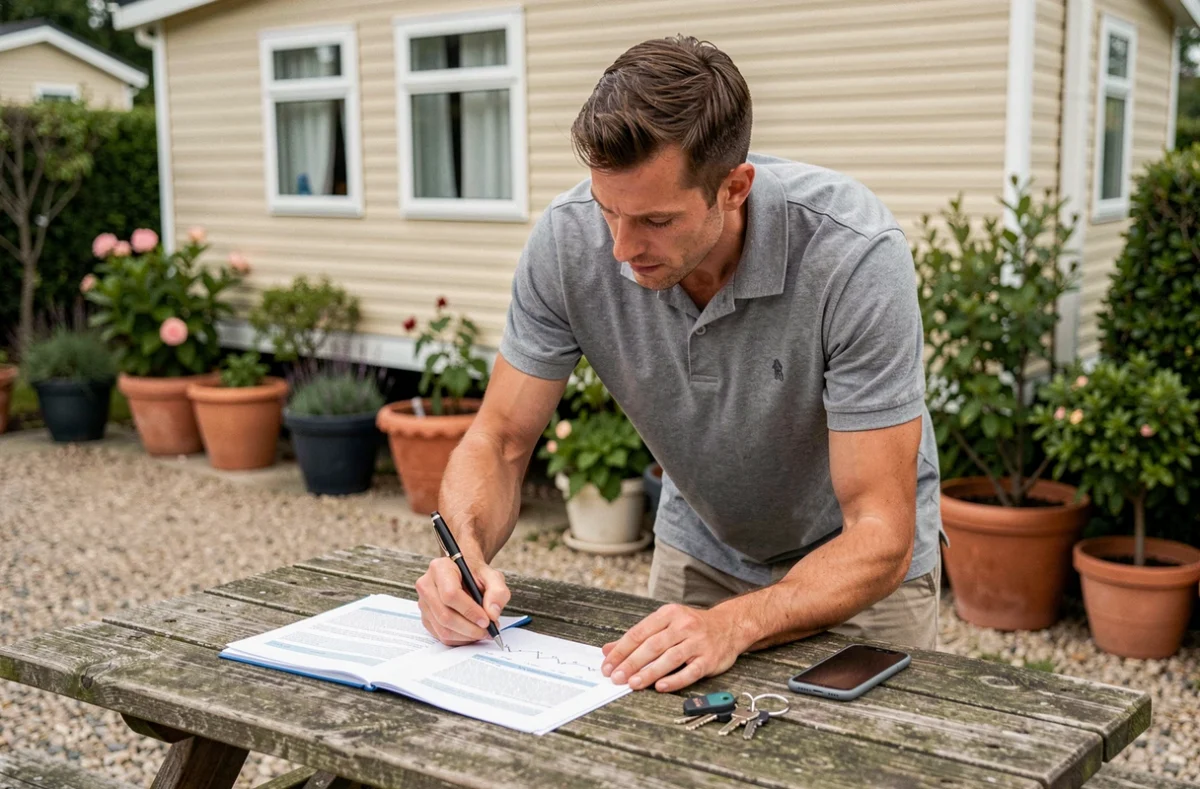 Un homme examine des documents de vente pour un mobil home entre particuliers posés sur une table de camping