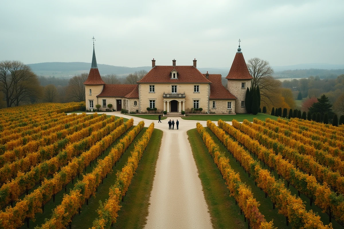 Vue d'ensemble d'un domaine viticole bordelais avec château et vignes en automne lors d'une visite d'estimation